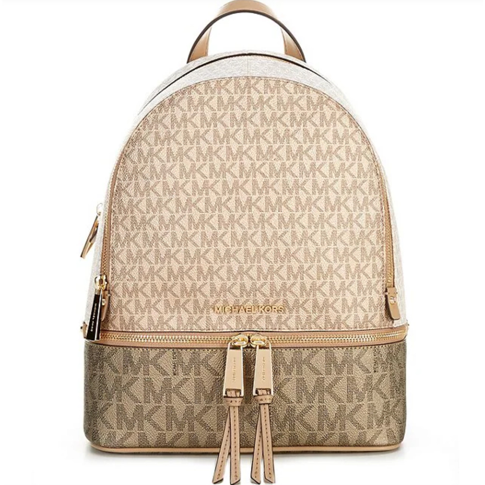 NWT Michael Kors Rhea Medium Metallic Signature Logo Backpack - Camel Multi